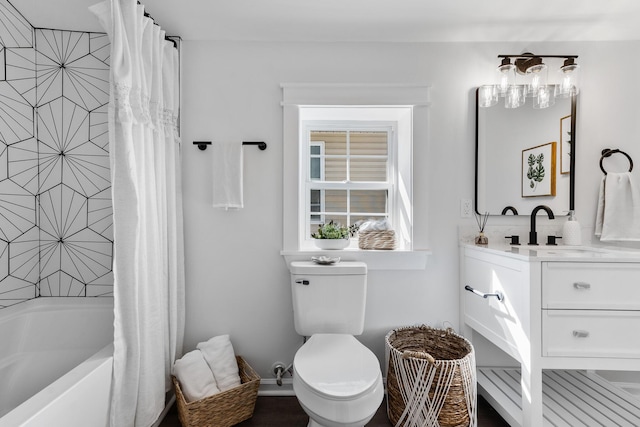 full bathroom with toilet, vanity, and shower / bath combination with curtain