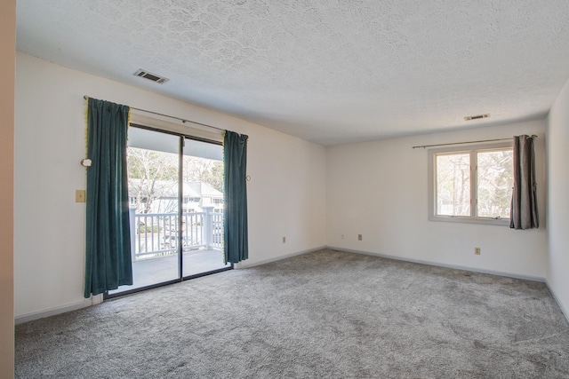 spare room featuring carpet, visible vents, and plenty of natural light