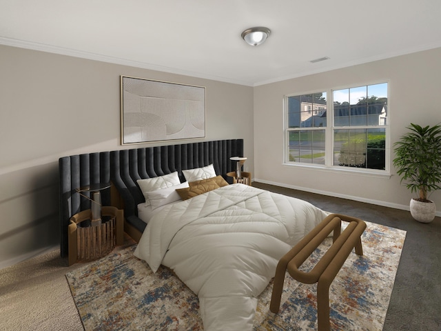 carpeted bedroom featuring ornamental molding