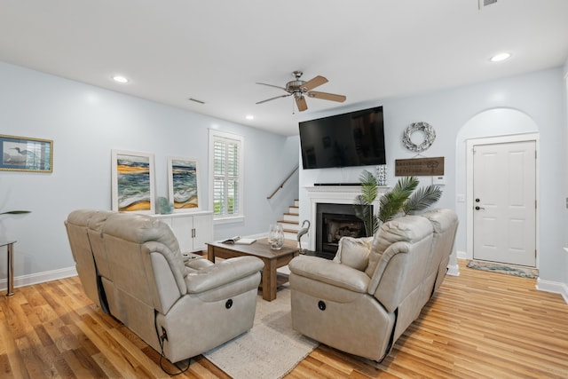 907 High Nest Ln, Charleston, SC 29412 - living area featuring light wood finished floors, a ceiling fan, recessed lighting, and a fireplace