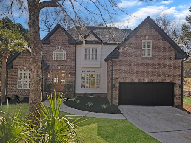 view of front of home featuring concrete driveway, french doors, an attached garage, and brick siding