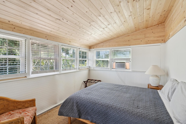 bedroom featuring lofted ceiling, cooling unit, wooden ceiling, and wood walls