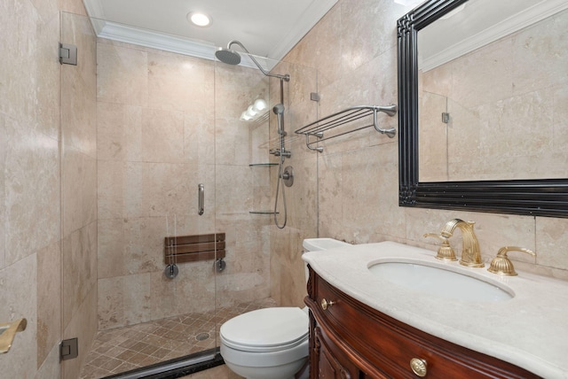 full bathroom with ornamental molding, a shower stall, and toilet