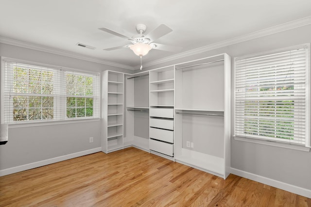 walk in closet featuring light wood-style floors, visible vents, and ceiling fan