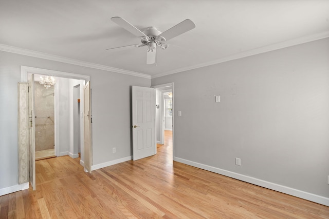 unfurnished bedroom featuring baseboards, light wood finished floors, ceiling fan with notable chandelier, and crown molding