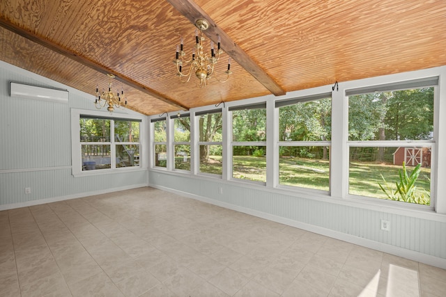 unfurnished sunroom featuring vaulted ceiling, wooden ceiling, a wall mounted air conditioner, and a notable chandelier