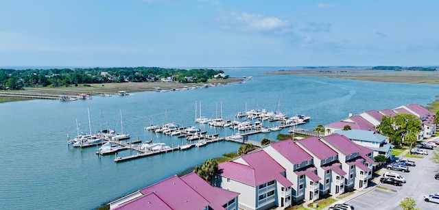 drone / aerial view featuring a water view