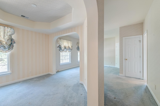 corridor with light carpet, a wealth of natural light, and a textured ceiling