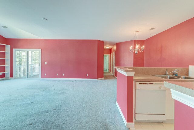 kitchen featuring dishwasher, pendant lighting, sink, a chandelier, and light colored carpet