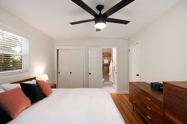 1417 Downing St, Charleston, SC 29407 - bedroom featuring light wood-type flooring, connected bathroom, a closet, and ceiling fan