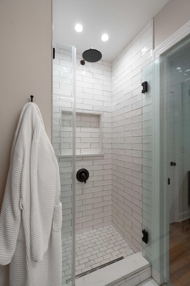 1417 Downing St, Charleston, SC 29407 - full bath featuring a shower stall, recessed lighting, and wood finished floors