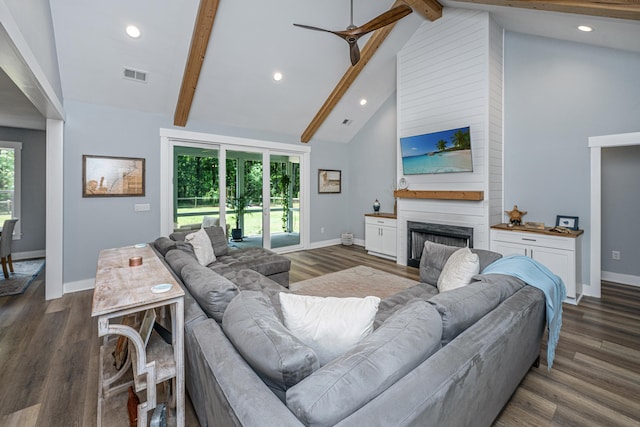 living room featuring beamed ceiling, a fireplace, high vaulted ceiling, recessed lighting, and baseboards