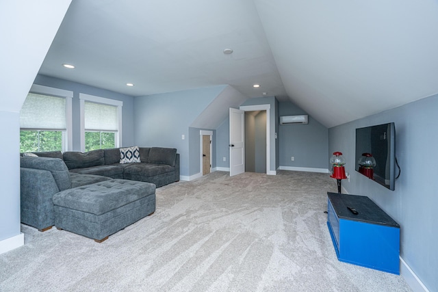 living area featuring an AC wall unit, carpet, vaulted ceiling, baseboards, and recessed lighting