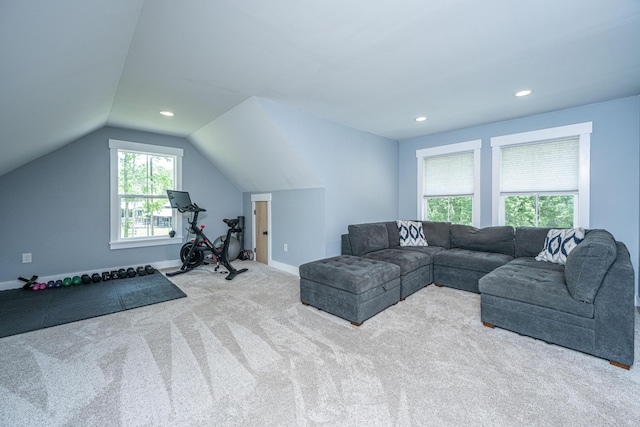 living area with carpet floors, lofted ceiling, recessed lighting, and baseboards