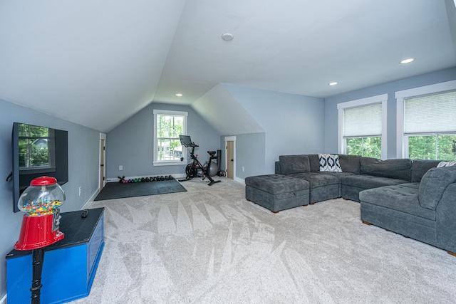 living area featuring lofted ceiling, carpet floors, recessed lighting, and baseboards