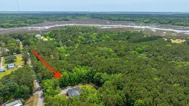 aerial view of property's location with a heavily wooded area and a nearby body of water