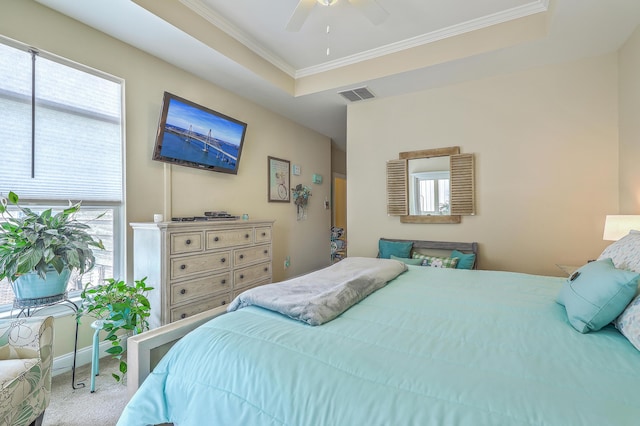 269 Village Stone Cir, Summerville, SC 29483 - carpeted bedroom featuring ornamental molding, multiple windows, a raised ceiling, and a ceiling fan