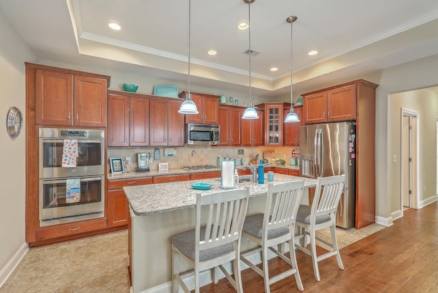 269 Village Stone Cir, Summerville, SC 29483 - kitchen featuring stainless steel appliances, a tray ceiling, ornamental molding, light stone counters, and backsplash