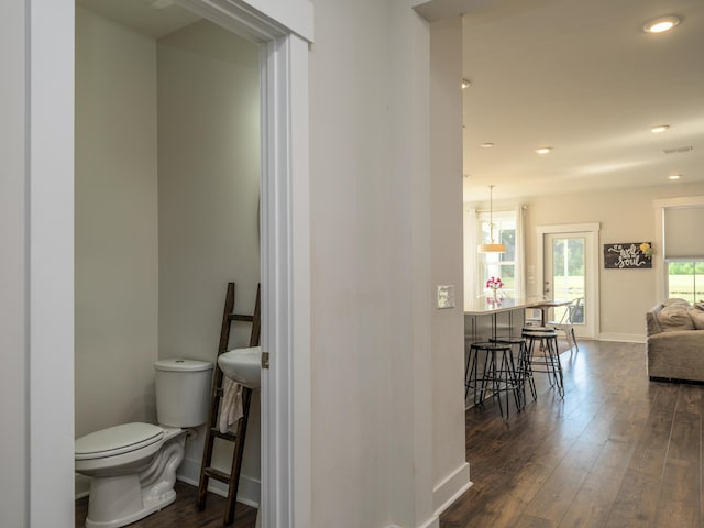 bathroom with hardwood / wood-style flooring and toilet