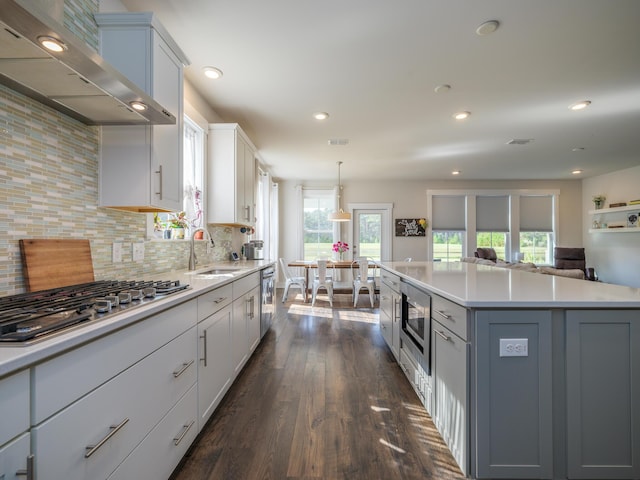 kitchen with white cabinetry, a center island, wall chimney range hood, dark hardwood / wood-style floors, and appliances with stainless steel finishes