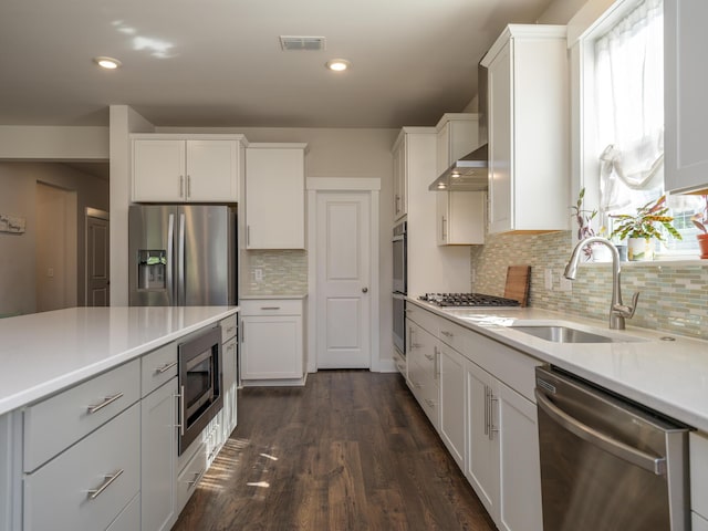 kitchen with white cabinetry, sink, appliances with stainless steel finishes, and dark wood-type flooring