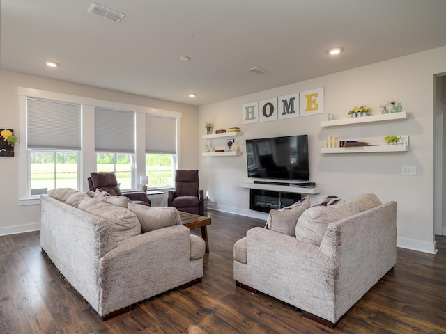 living room with dark wood-type flooring