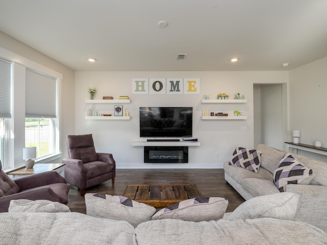 living room featuring dark wood-type flooring