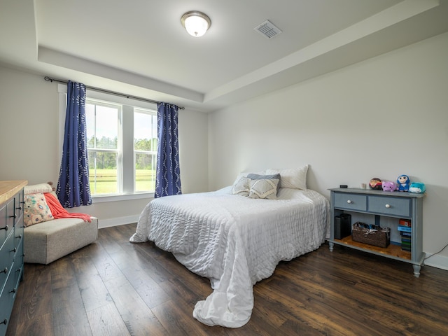 bedroom with dark hardwood / wood-style flooring and a raised ceiling