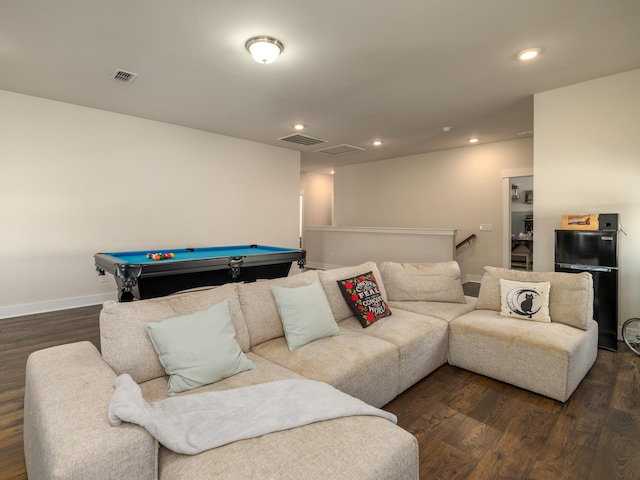 living room with dark wood-type flooring and billiards