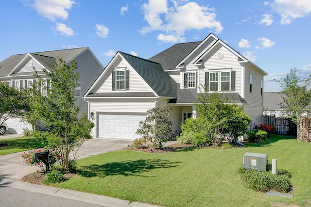 view of front of property featuring driveway, a front lawn, fence, and roof with shingles