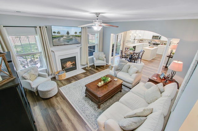 living area featuring a fireplace with flush hearth, plenty of natural light, and crown molding