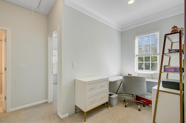 office space with attic access, light carpet, baseboards, and ornamental molding