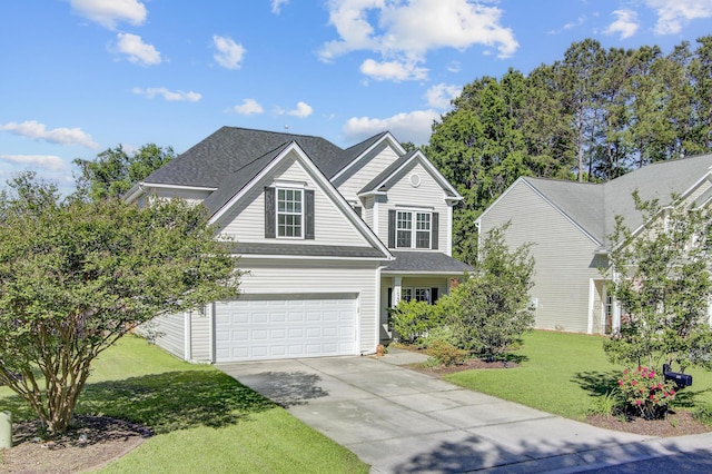 traditional-style house with concrete driveway, a front lawn, and a shingled roof