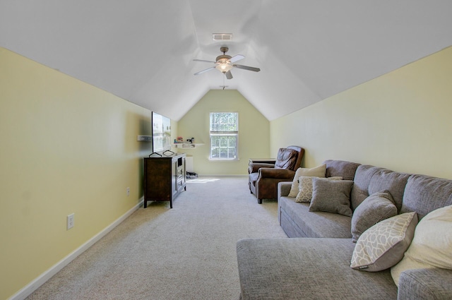 carpeted living area featuring ceiling fan, baseboards, lofted ceiling, and visible vents