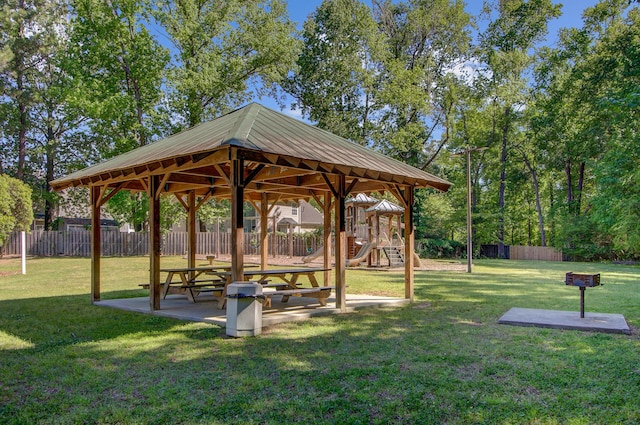 surrounding community with fence and a lawn