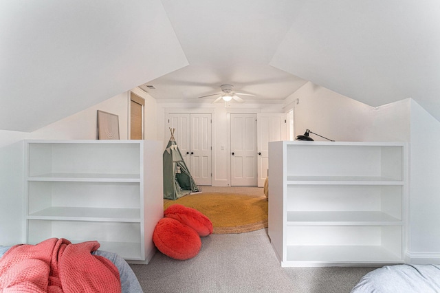 bedroom with ceiling fan and carpet floors