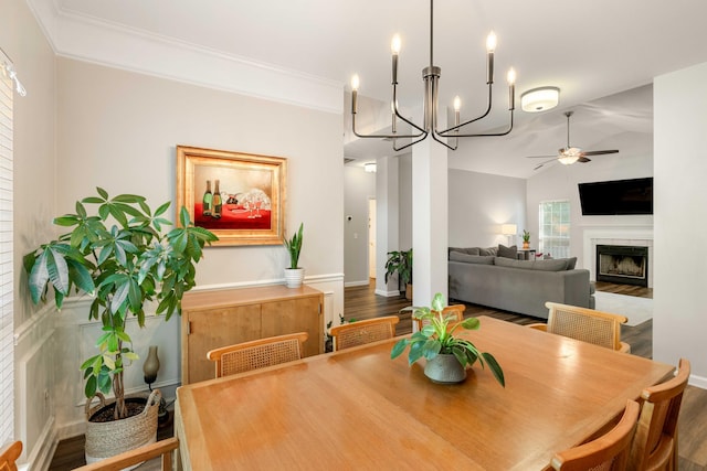 1971 N Smokerise Way, Mount Pleasant, SC 29466 - dining area with baseboards, ceiling fan with notable chandelier, a tile fireplace, and wood finished floors