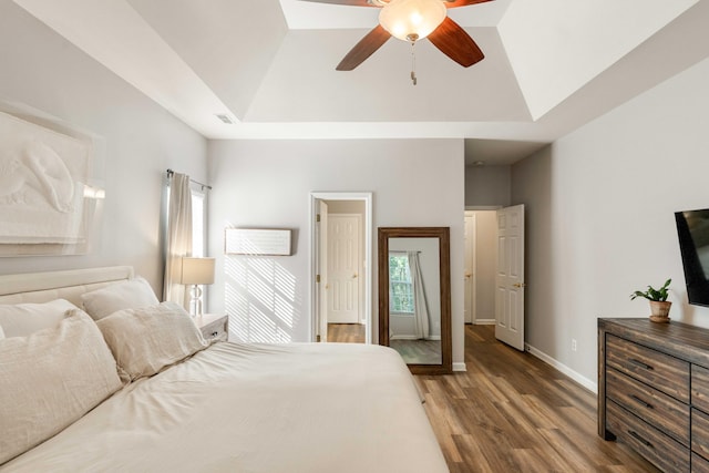 1971 N Smokerise Way, Mount Pleasant, SC 29466 - bedroom featuring visible vents, a ceiling fan, baseboards, wood finished floors, and vaulted ceiling