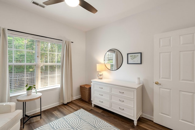 1971 N Smokerise Way, Mount Pleasant, SC 29466 - living area featuring visible vents, a ceiling fan, baseboards, and dark wood-type flooring