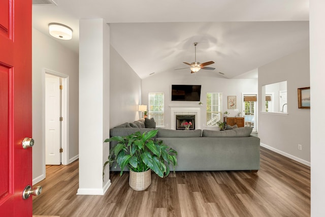 1971 N Smokerise Way, Mount Pleasant, SC 29466 - living room featuring baseboards, ceiling fan, wood finished floors, and a tile fireplace