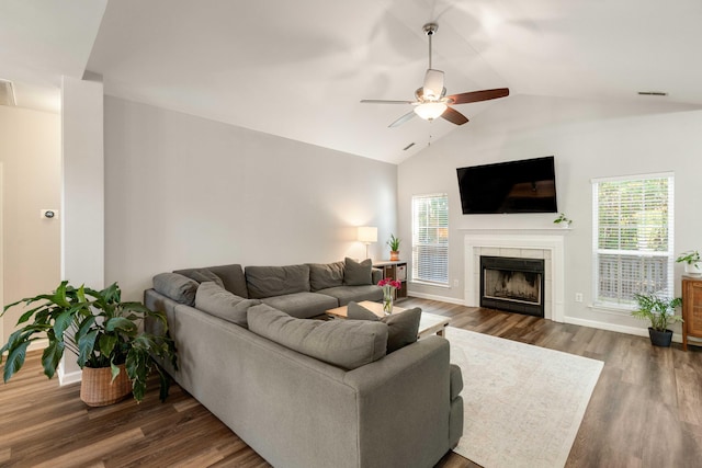 1971 N Smokerise Way, Mount Pleasant, SC 29466 - living area featuring a ceiling fan, visible vents, vaulted ceiling, a tile fireplace, and wood finished floors