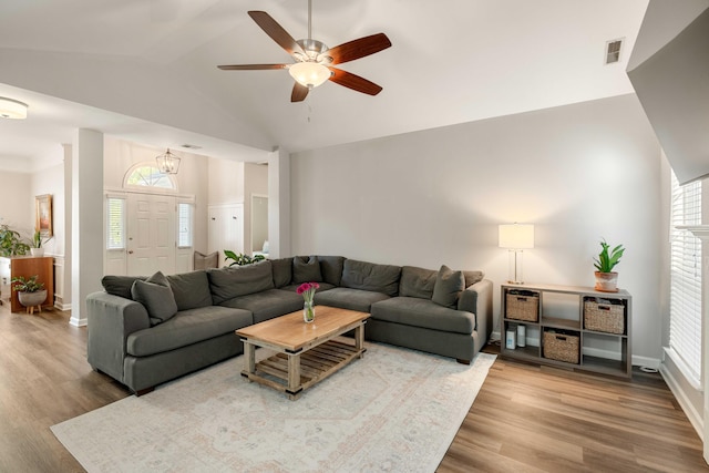 1971 N Smokerise Way, Mount Pleasant, SC 29466 - living area with ceiling fan, vaulted ceiling, a healthy amount of sunlight, and wood finished floors