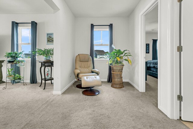 sitting room featuring light colored carpet