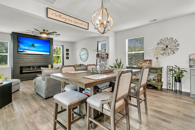 dining area featuring a fireplace, ceiling fan with notable chandelier, light hardwood / wood-style floors, and a healthy amount of sunlight