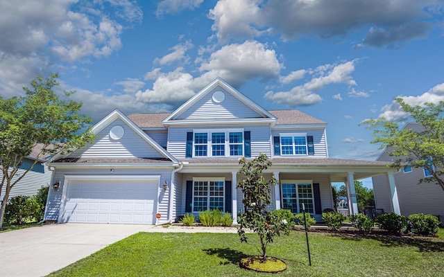 8009 Indian Hill Dr, Hanahan, SC 29410 - traditional-style home with a porch, roof with shingles, a front lawn, concrete driveway, and an attached garage