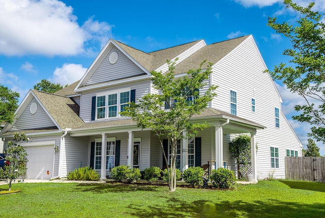 8009 Indian Hill Dr, Hanahan, SC 29410 - view of front of house with fence, covered porch, a front yard, roof with shingles, and an attached garage