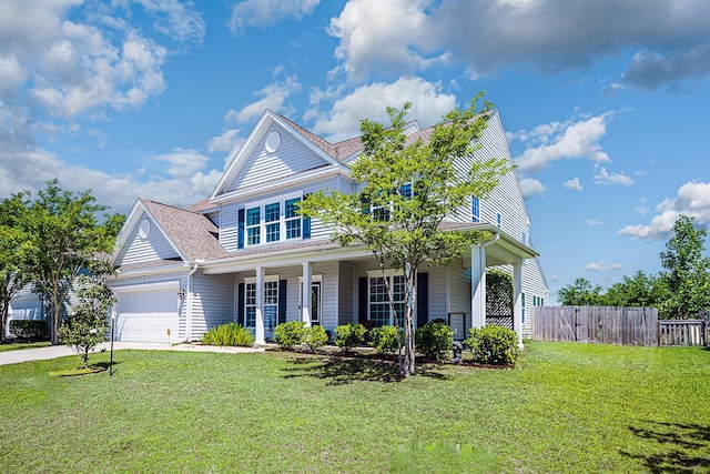 8009 Indian Hill Dr, Hanahan, SC 29410 - traditional-style house featuring a porch, fence, a front yard, and a garage