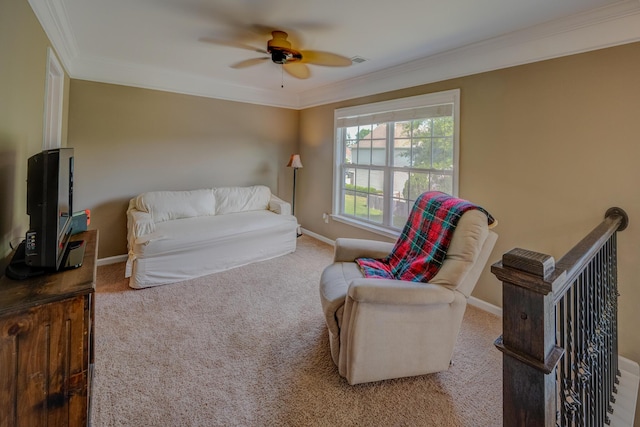 8009 Indian Hill Dr, Hanahan, SC 29410 - living room with ceiling fan, visible vents, baseboards, ornamental molding, and carpet flooring