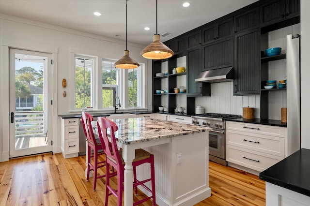 409 W Indian Ave, Folly Beach, SC 29439 - kitchen with high end stainless steel range oven, a sink, open shelves, and under cabinet range hood