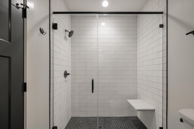409 W Indian Ave, Folly Beach, SC 29439 - bathroom with toilet, a stall shower, and recessed lighting